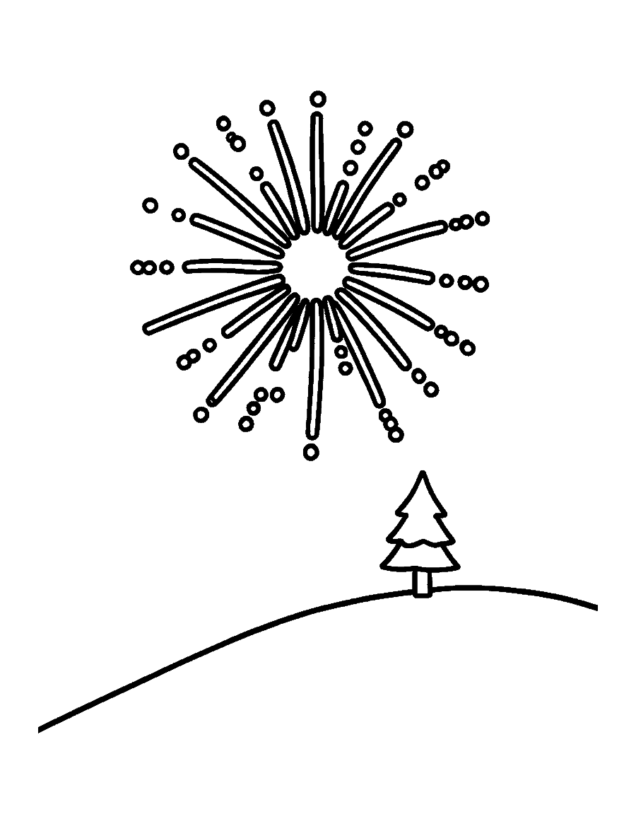 Line drawing of one big starburst firework above a snowy hill with a small pine tree
