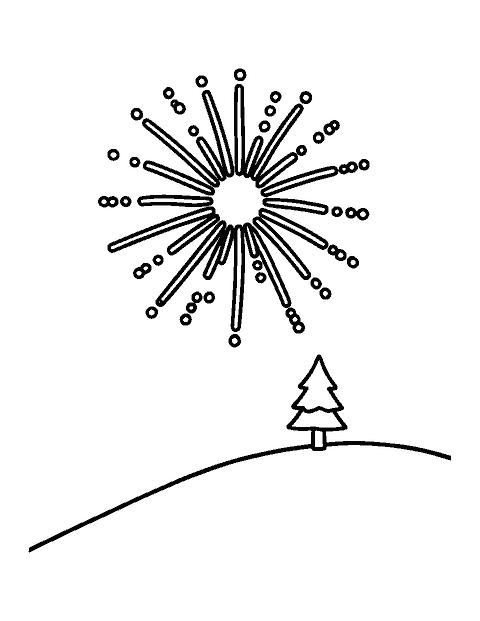 Line drawing of one big starburst firework above a snowy hill with a small pine tree