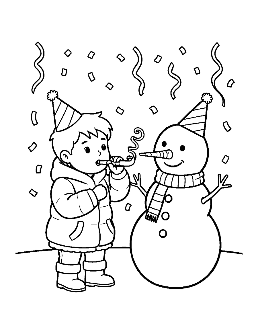 Line drawing of a child in a party hat blowing a party horn beside a snowman in a party hat