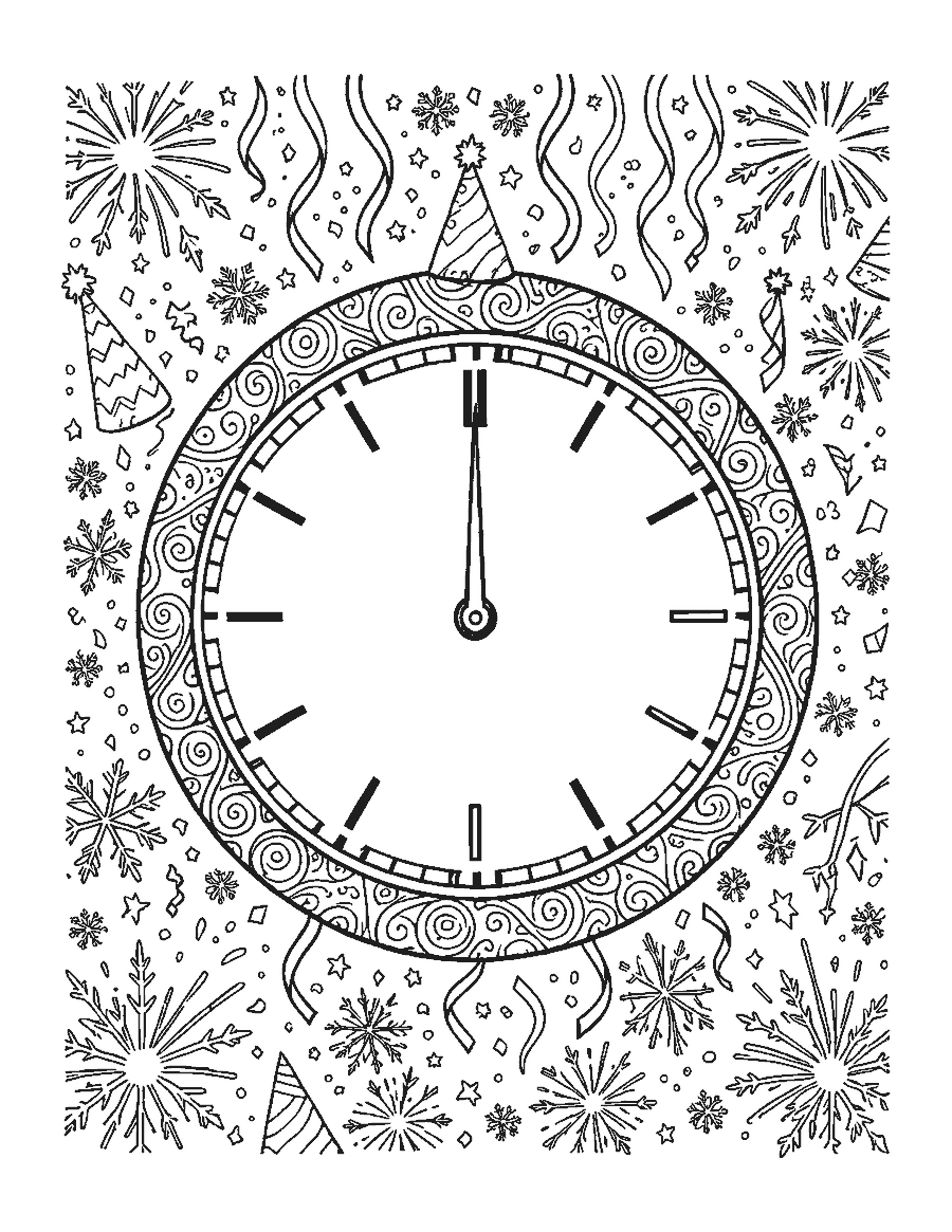 Line drawing of a doodle-patterned clock with both hands pointing up among streamers and fireworks