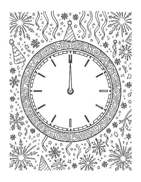 Line drawing of a doodle-patterned clock with both hands pointing up among streamers and fireworks