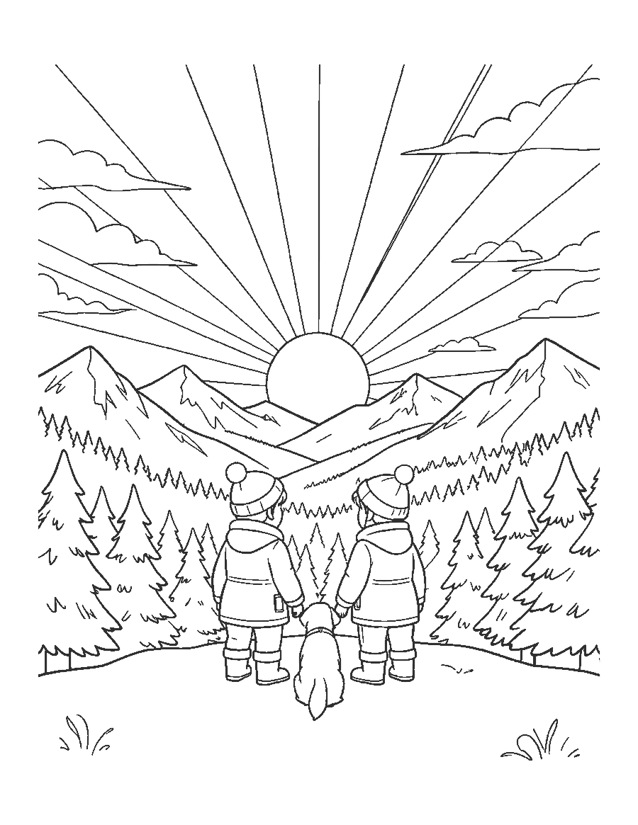 Line drawing of two children and a dog watching the sun rise over snowy mountains