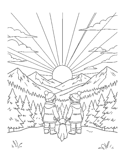 Line drawing of two children and a dog watching the sun rise over snowy mountains