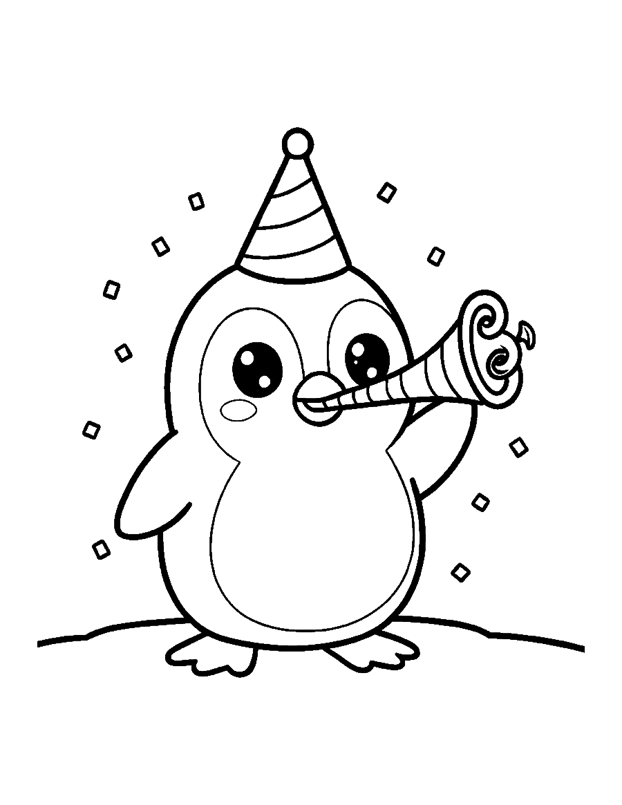 Line drawing of a cute chibi penguin in a party hat blowing a curly party horn