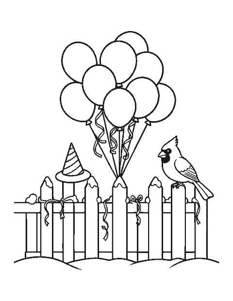 Line drawing of party balloons and streamers tied to a snowy picket fence with a cardinal