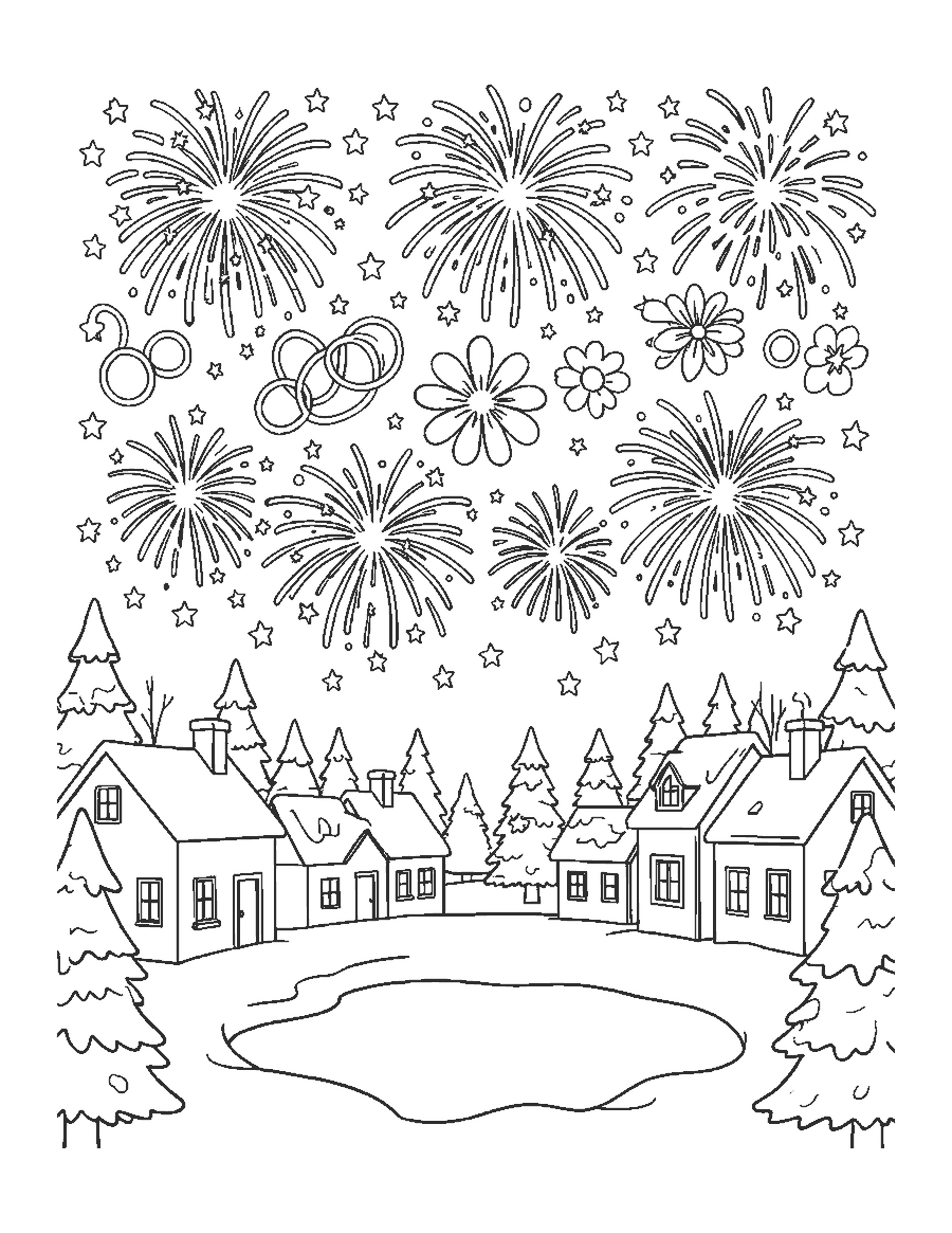 Line drawing of fireworks bursting above snowy village rooftops, pine trees and an icy pond