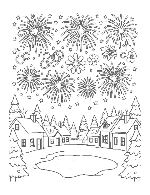 Line drawing of fireworks bursting above snowy village rooftops, pine trees and an icy pond