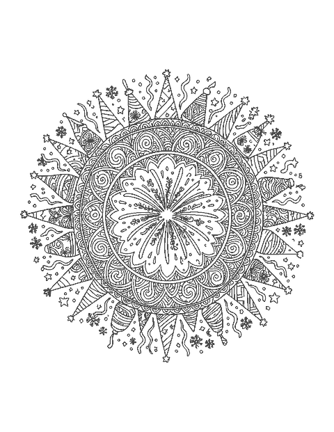 Line drawing of a mandala with a firework center and rings of party hats, noisemakers and snowflakes
