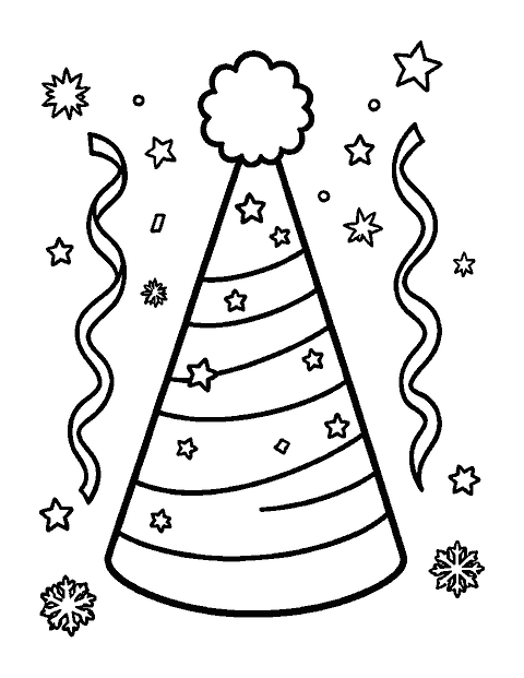 Line drawing of a striped New Year party hat with a pom-pom, curly streamers and snowflakes