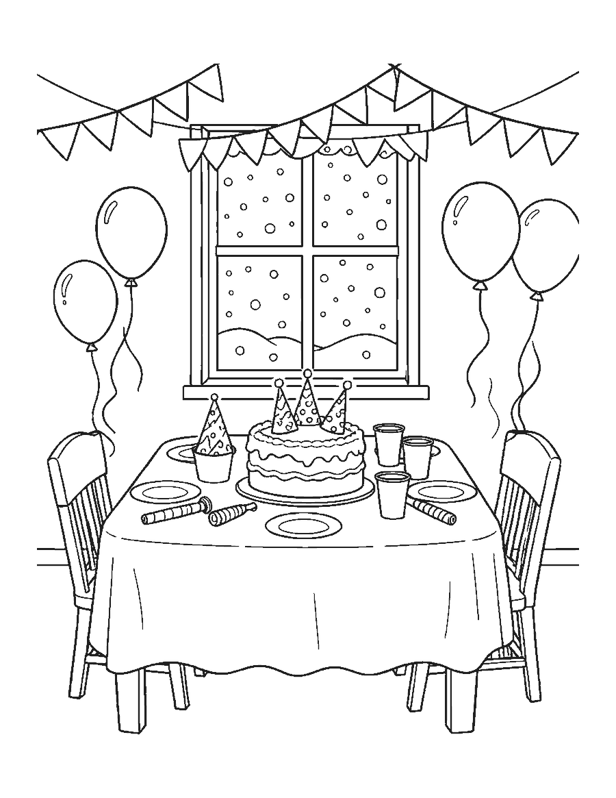 Line drawing of a New Year party table with a cake, party hats, noisemakers and balloons