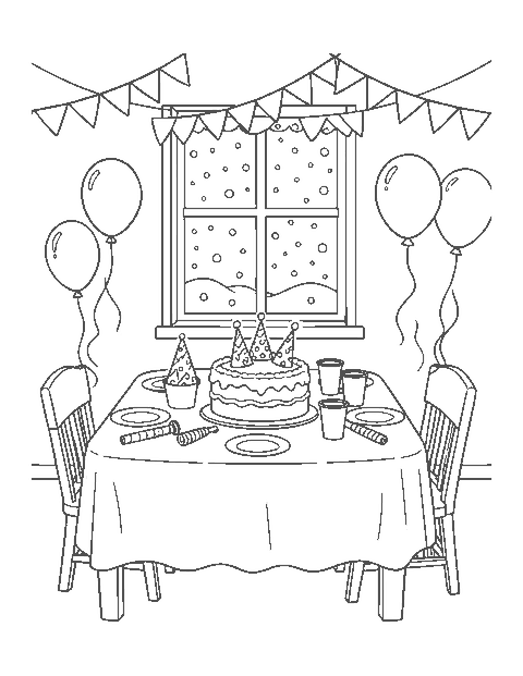 Line drawing of a New Year party table with a cake, party hats, noisemakers and balloons