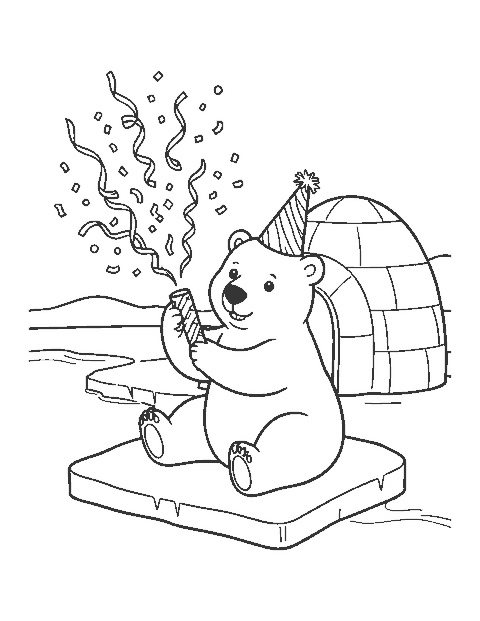 Line drawing of a polar bear cub in a party hat pulling a party popper beside an igloo