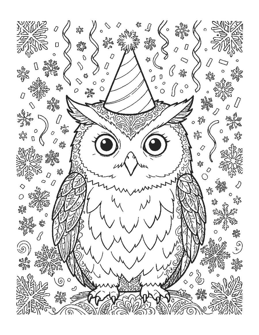 Line drawing of a detailed snowy owl portrait wearing a striped party hat with streamers