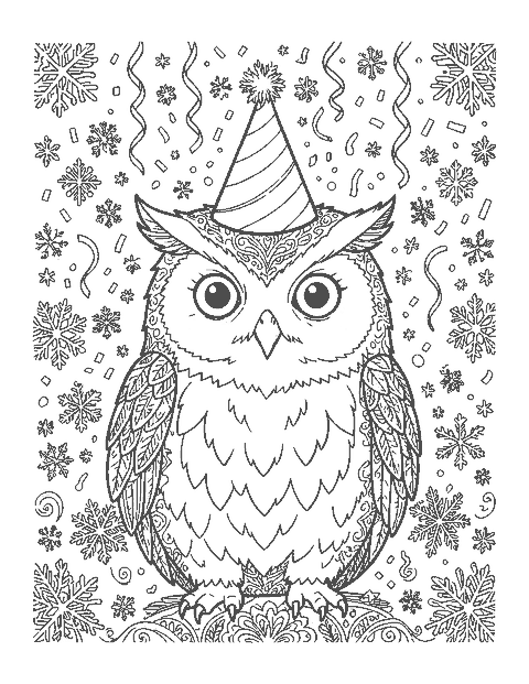 Line drawing of a detailed snowy owl portrait wearing a striped party hat with streamers