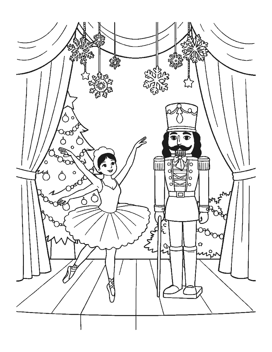 Line drawing of a ballerina dancing beside a life-size nutcracker on a stage with a Christmas tree