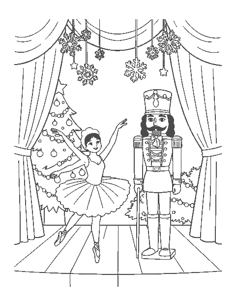 Line drawing of a ballerina dancing beside a life-size nutcracker on a stage with a Christmas tree