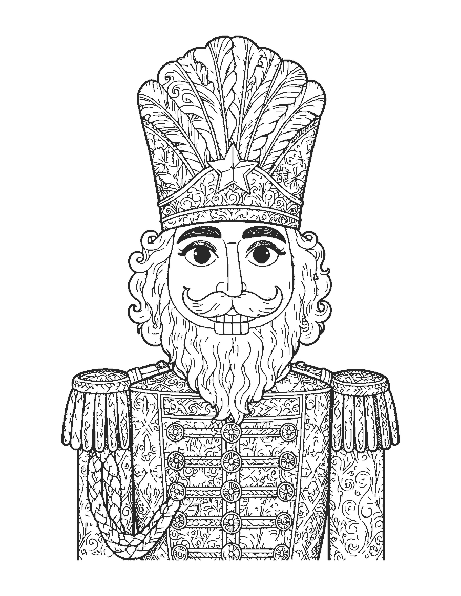 Line drawing of a detailed nutcracker portrait with a plumed hat, curly beard and braided cords