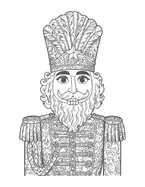 Line drawing of a detailed nutcracker portrait with a plumed hat, curly beard and braided cords