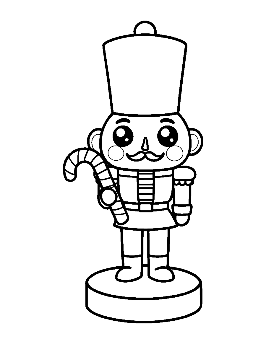 Line drawing of a cute chibi nutcracker holding a striped candy cane on a round base