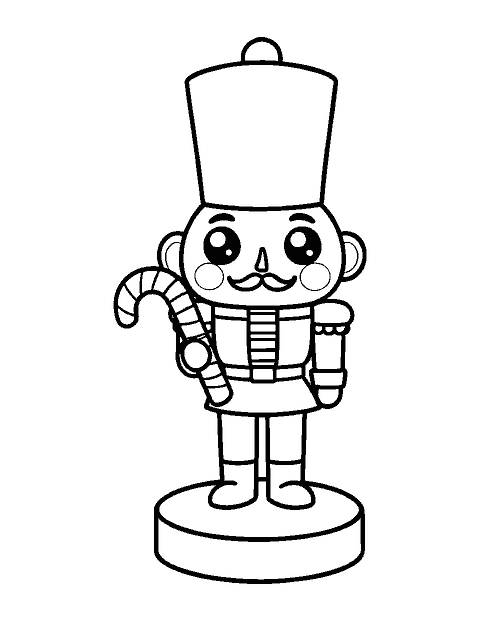 Line drawing of a cute chibi nutcracker holding a striped candy cane on a round base