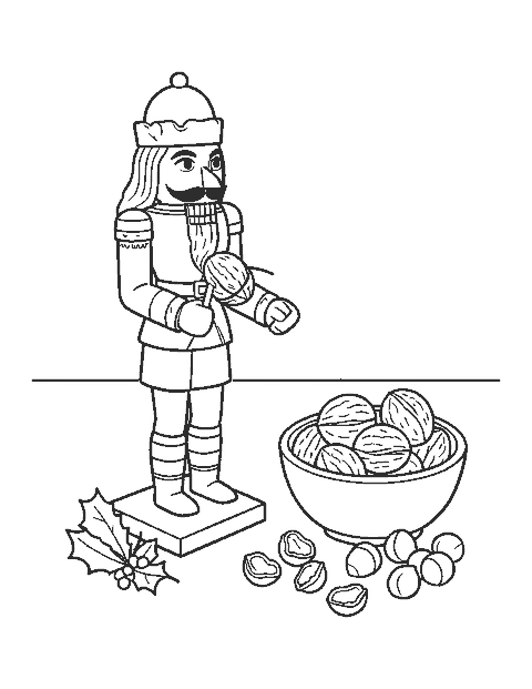 Line drawing of a nutcracker with a walnut in its jaw beside a bowl of nuts and a holly sprig