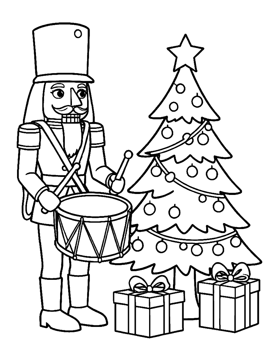 Line drawing of a nutcracker playing a drum beside a small decorated Christmas tree