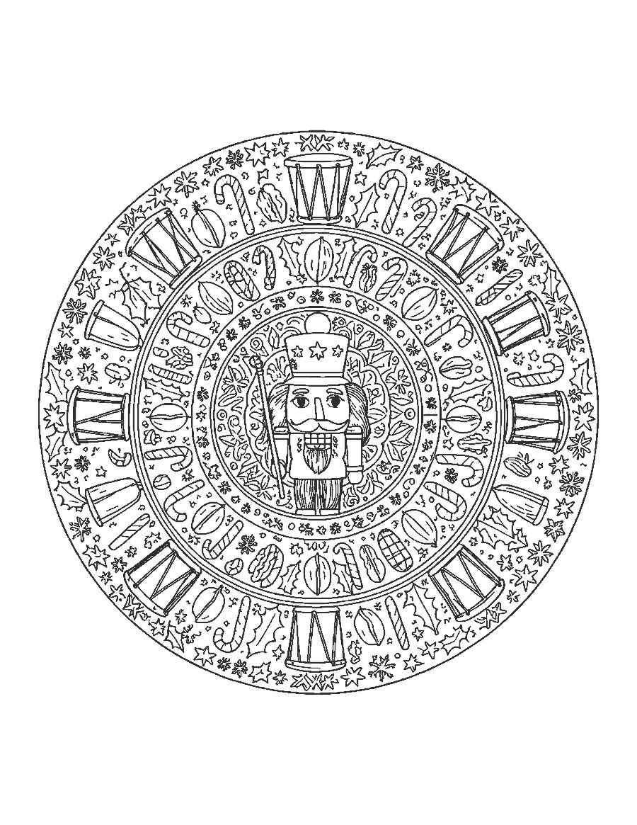 Line drawing of a mandala with a nutcracker face center and rings of drums, walnuts and candy canes