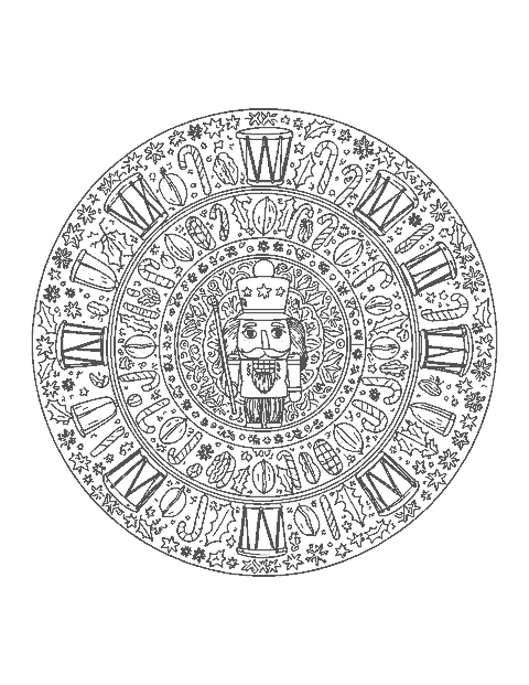 Line drawing of a mandala with a nutcracker face center and rings of drums, walnuts and candy canes