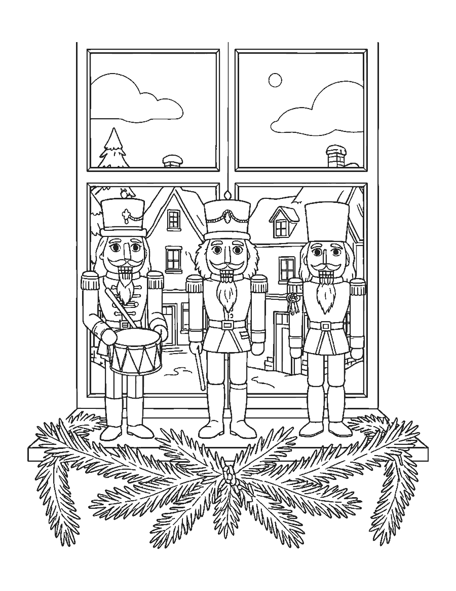 Line drawing of three nutcrackers with a drum, a baton and a lantern on a snowy windowsill