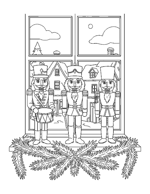 Line drawing of three nutcrackers with a drum, a baton and a lantern on a snowy windowsill