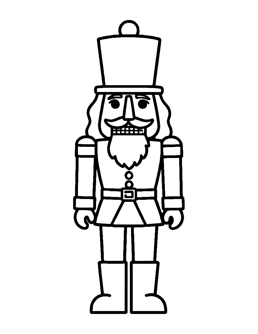 Line drawing of a wooden nutcracker toy with a tall plumed hat, a beard and a square jaw