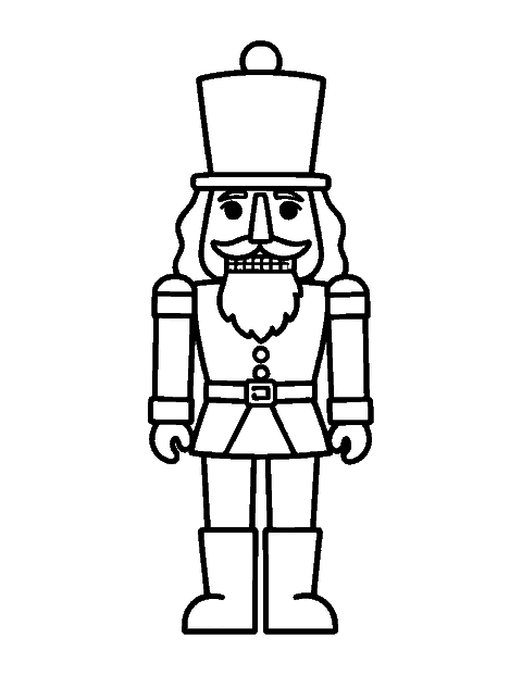 Line drawing of a wooden nutcracker toy with a tall plumed hat, a beard and a square jaw