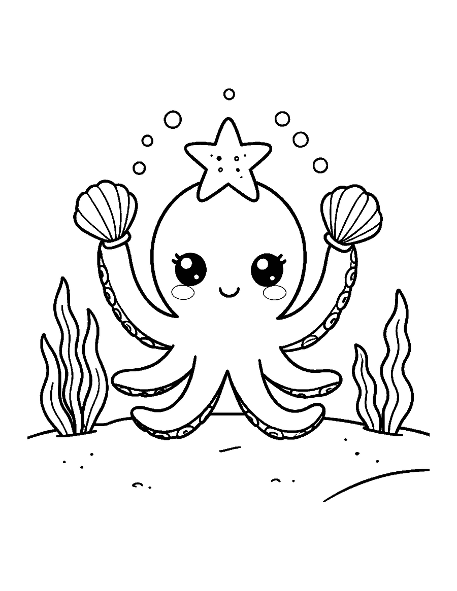 Line drawing of a cute octopus juggling shells with a starfish on its head