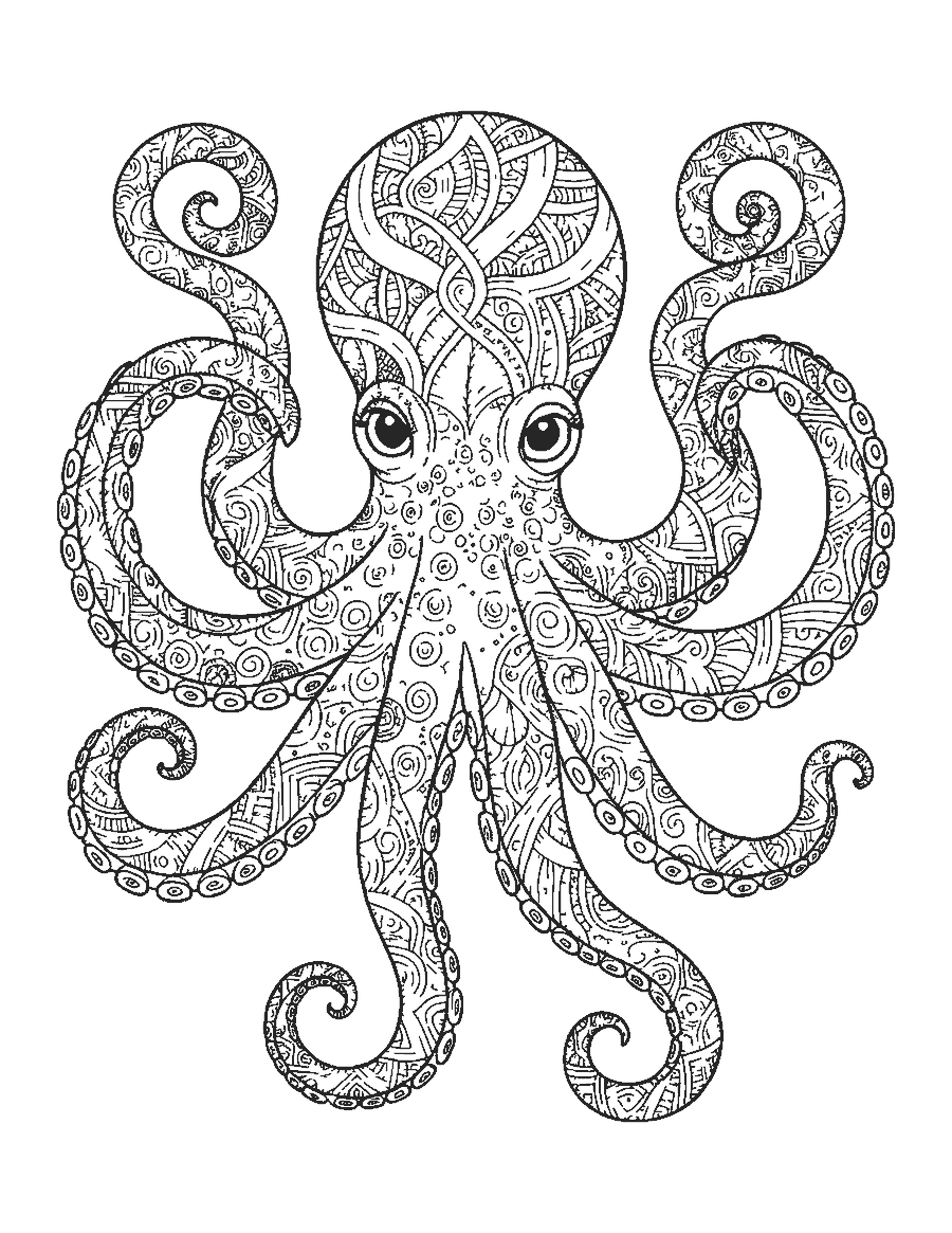 Line drawing of an octopus with spiraling arms filled with doodle patterns