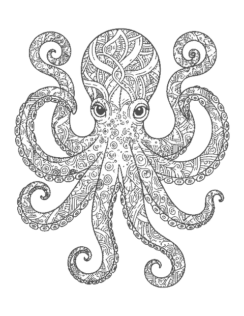 Line drawing of an octopus with spiraling arms filled with doodle patterns