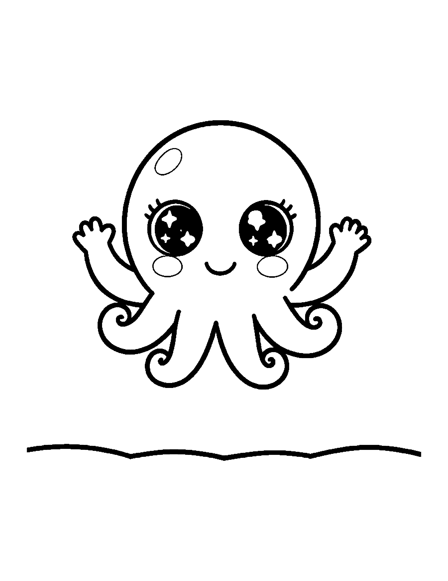 Line drawing of a cute round octopus with big eyes waving two arms
