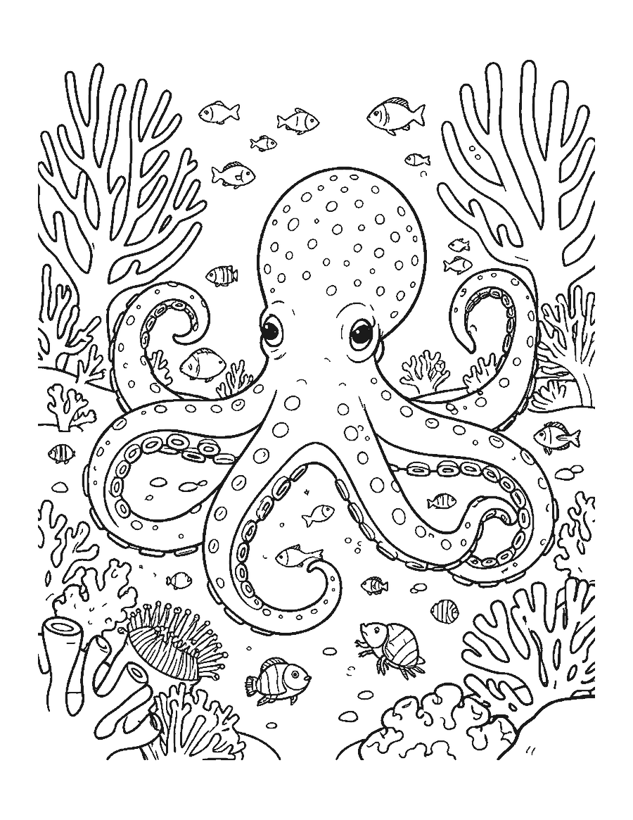 Line drawing of an octopus blending into a coral reef with fish and a hermit crab