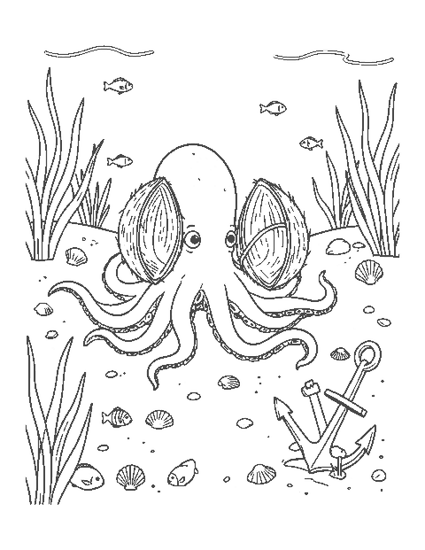 Line drawing of an octopus carrying coconut shell halves across the sea floor