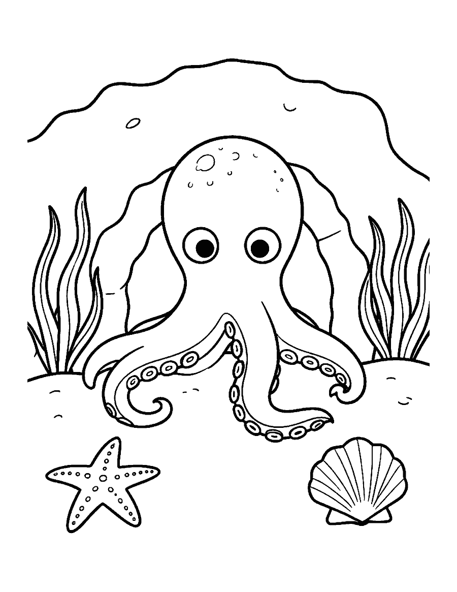 Line drawing of an octopus peeking out of a coral cave with a starfish nearby