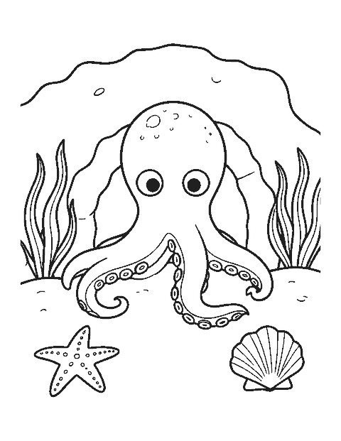 Line drawing of an octopus peeking out of a coral cave with a starfish nearby