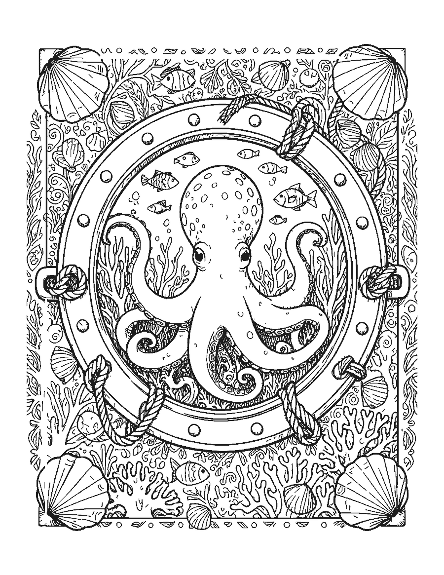 Line drawing of an octopus viewed through a decorated ship porthole with coral behind