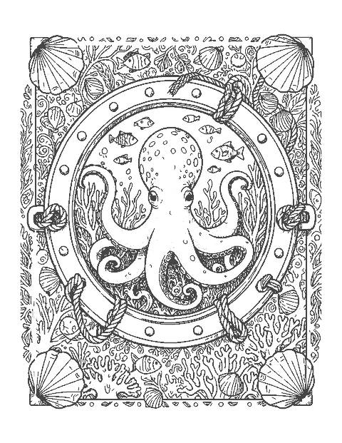 Line drawing of an octopus viewed through a decorated ship porthole with coral behind