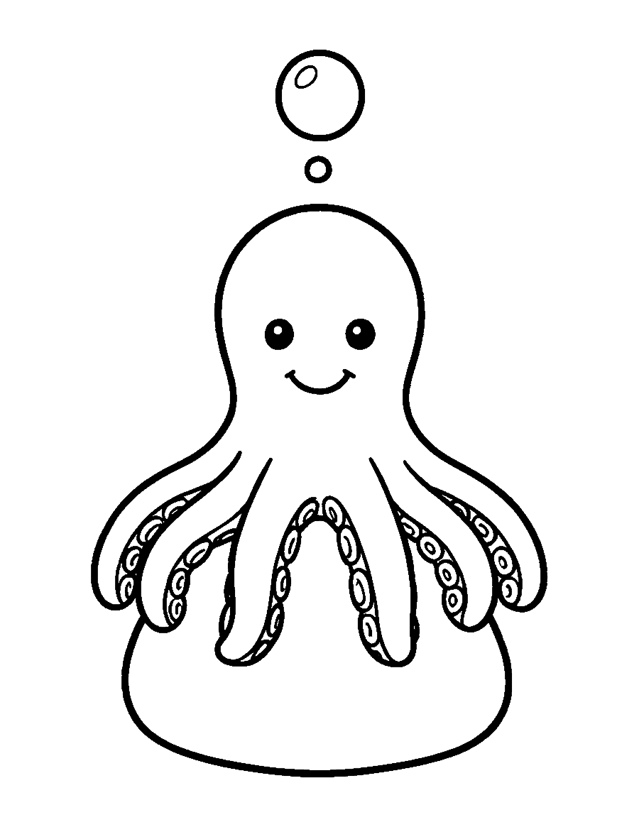 Line drawing of a smiling octopus sitting on a rock with its arms hanging down