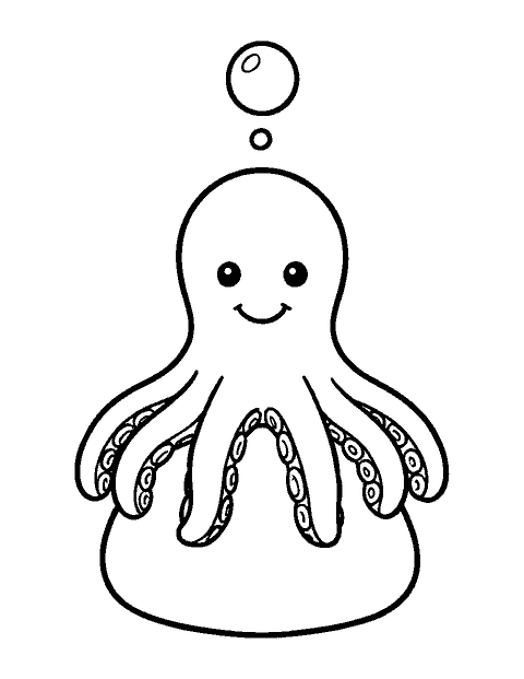Line drawing of a smiling octopus sitting on a rock with its arms hanging down