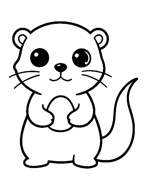 Line drawing of a cute chibi otter sitting up and holding a smooth pebble