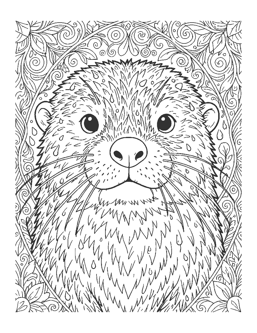 Line drawing of a realistic sea otter's face with dense fur, long whiskers and a round nose