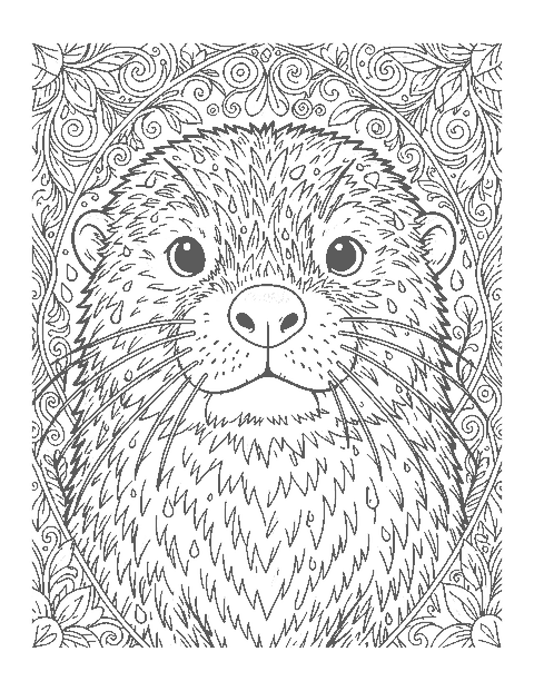 Line drawing of a realistic sea otter's face with dense fur, long whiskers and a round nose