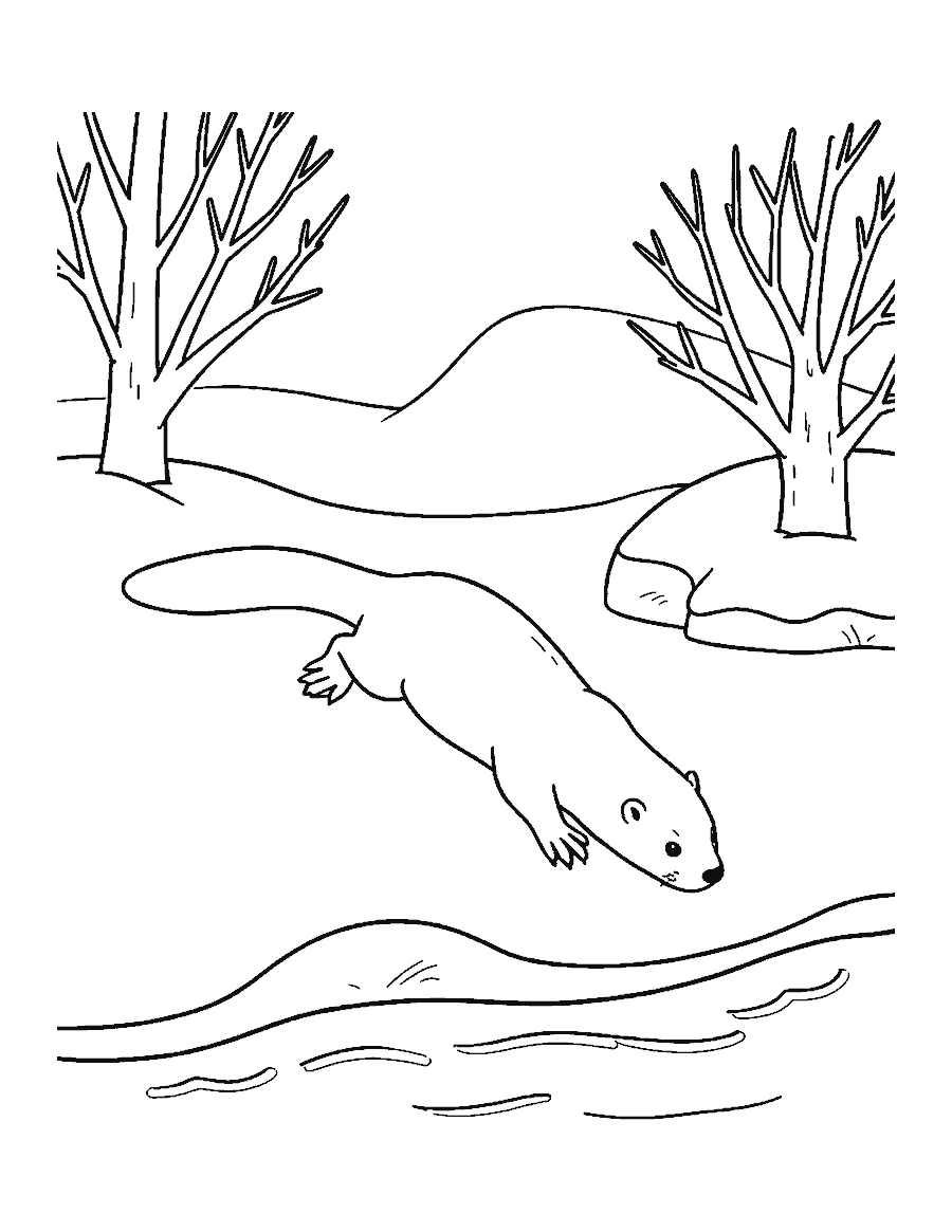 Line drawing of a river otter sliding on its belly down a snowy bank toward a river