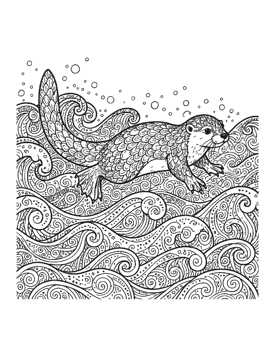 Line drawing of a river otter filled with doodle patterns swimming among patterned waves