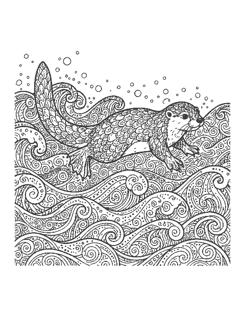 Line drawing of a river otter filled with doodle patterns swimming among patterned waves